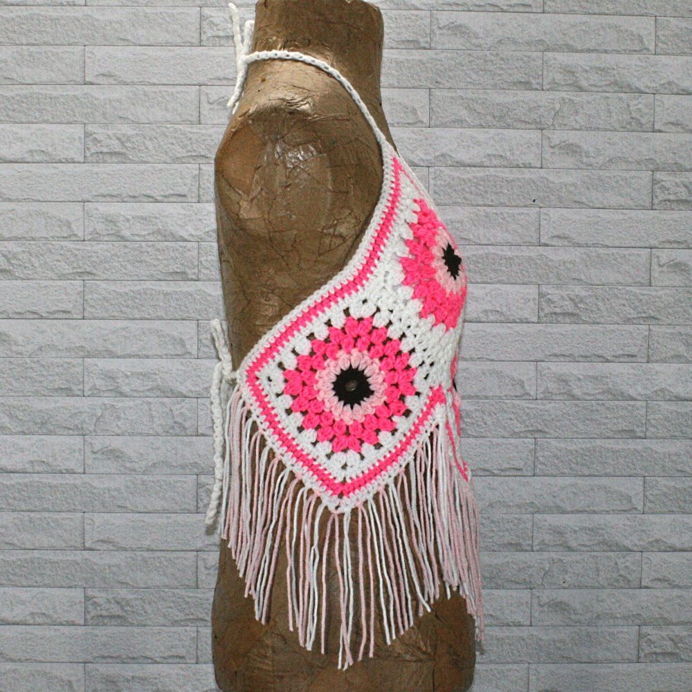 HAND CRAFTED Crop Top Sunflower Crochet Fringe Granny Square Pink Various - Picture 4 of 16